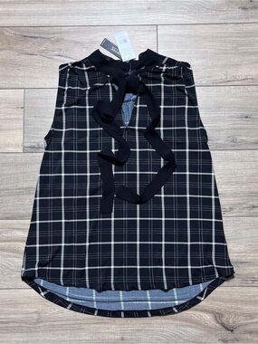 IMNYC by Isaac Mizrahi Women’s Neck Tie Sleeveless Plaid Tank Top M Black Ivory